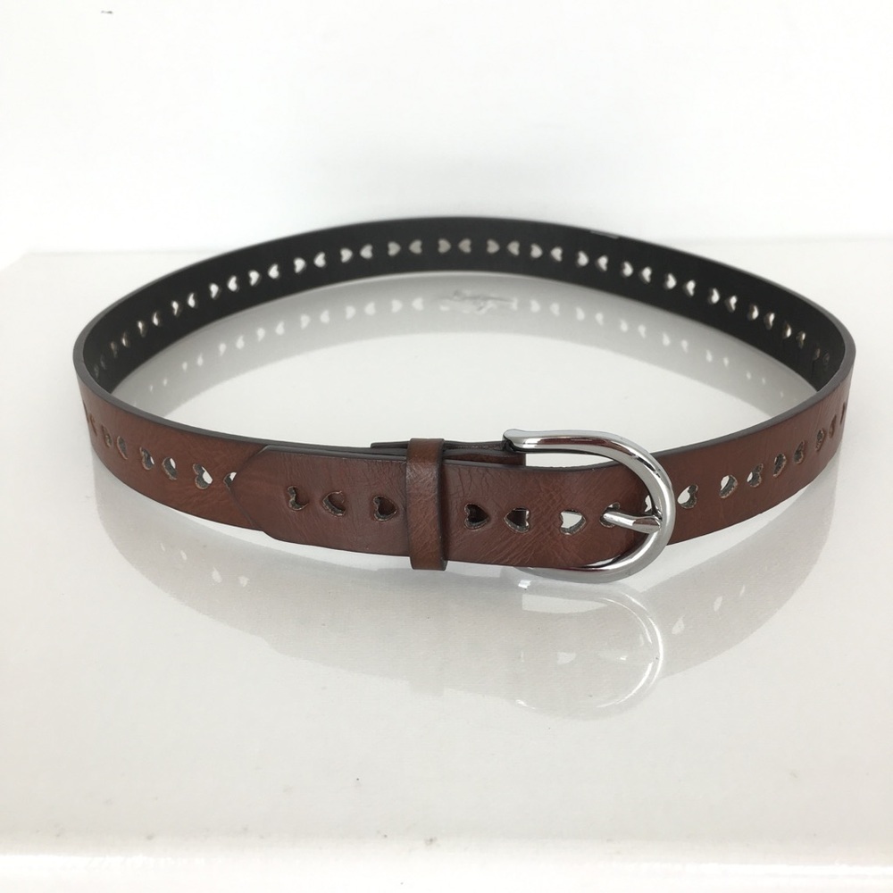 Women’s Thin Heart Filigree Leather Belt Brown Shiny Silver Buckle - Picture 5 of 6